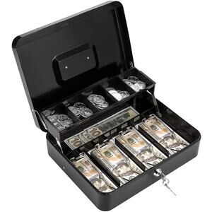 12" Large Cash Box w/ Money Tray Lock Tiered Money Box for Cashier Drawer Metal